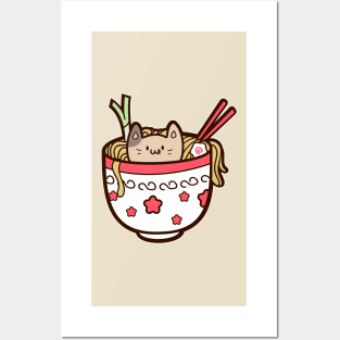 kawaii cat in ramen bowl Posters and Art